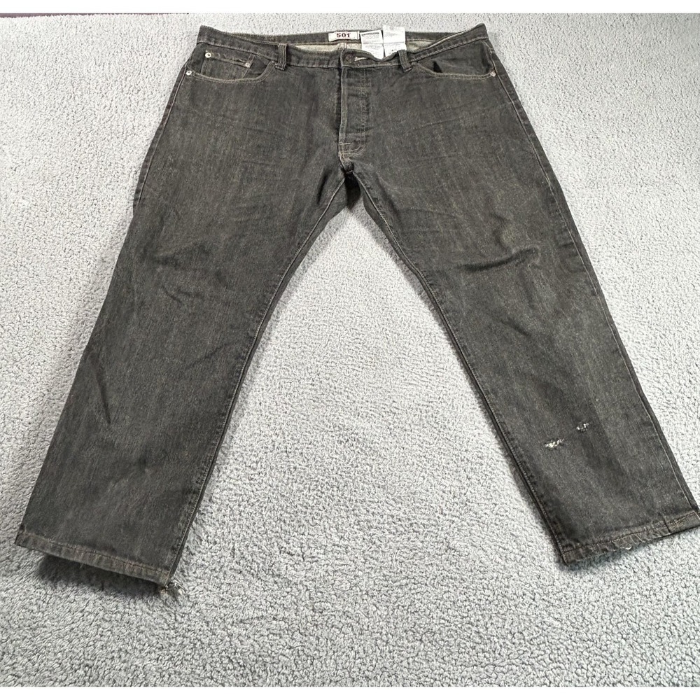 Levi's 501‎ Jeans Mens 38x32 Gray Black Straight Leg Button Fly Distressed Denim